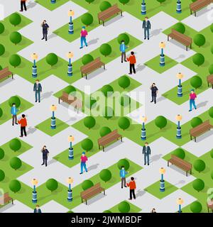 Stadtpark mit Menschen und Stadtlichtern, Bänke, 3D Illustration Stock Vektor
