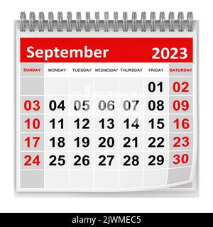 Kalender - September 2023 , Dies ist ein 3D gerendertes computergeneriertes Bild. Isoliert auf Weiß. Stockfoto