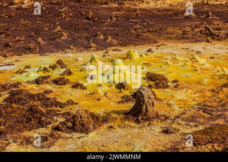 Kleine Schwefelquellen im vulkanischen Gebiet von Dallol, Danakil-Depression, Äthiopien Stockfoto