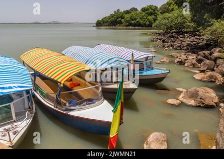 Boote für Touristen auf der Zege Halbinsel in Tana See, Äthiopien Stockfoto