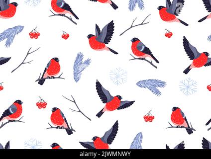 Winter nahtlose Muster mit Vögeln Gimpel und Pflanzen. Frohe Weihnachten und ein glückliches neues Jahr. Stock Vektor