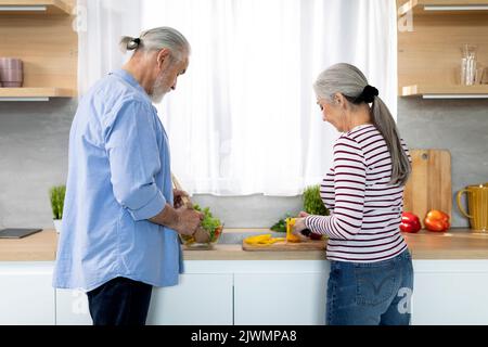 Kochen Zu Hause. Porträt Von Älteren Ehepartnern, Die In Der Küche Lebensmittel Zubereiten Stockfoto