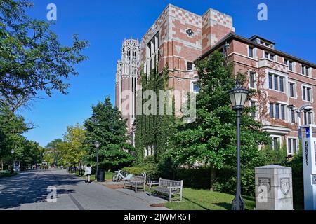 Chicago, USA - September 2022: Fußweg auf dem Campus der University of Chicago, vor der Saieh Hall, der Heimat der renommierten Wirtschaftsabteilung. Stockfoto