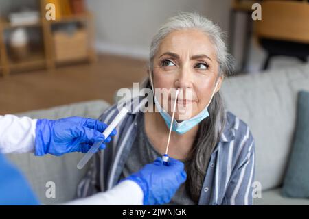 Krankenschwester in Schutzhandschuhen, die Covid-19-Test bei einer schweren kaukasischen älteren grauhaarigen Patientin im Zimmer durchführt Stockfoto