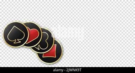 Herzen Karo Clubs Pik Zeichen realistische Chips. Glänzende Spielkarten-Suit-Symbole mit goldenem Rand. Vektor-Illustration Karte Zeichen auf transparentem Bac Stock Vektor