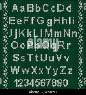 Weihnachtsschrift. Gestricktes lateinisches Alphabet auf nahtlosem Strickmuster mit Schneeflocken und Tanne. Nordisches Fair-Isle-Stricken, Sweatshirt im Winterurlaub-Design. Stock Vektor