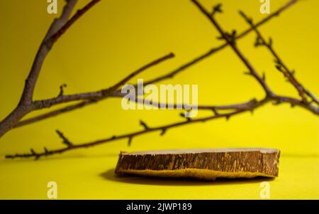 Podium oder Vitrine aus Holz. Präsentationshintergrund für Parfüm und kosmetische Produkte. Vorderansicht. Stockfoto