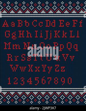 Weihnachtsschrift. Gestricktes lateinisches Alphabet auf nahtlosem Strickmuster mit Schneeflocken und Tanne. Nordisches Fair-Isle-Stricken, Sweatshirt im Winterurlaub-Design. Stock Vektor