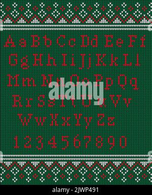 Weihnachtsschrift. Gestricktes lateinisches Alphabet auf nahtlosem Strickmuster mit Schneeflocken und Tanne. Nordisches Fair-Isle-Stricken, Sweatshirt im Winterurlaub-Design. Stock Vektor