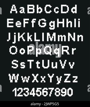 Buchstaben und Satzzeichen im Pixelalphabet. Moderne stilvolle Schriftart oder Schriftart für die Überschrift im Stil der 80er Jahre Retro-Videospiel, Vintage-Computer-Typografie Stock Vektor