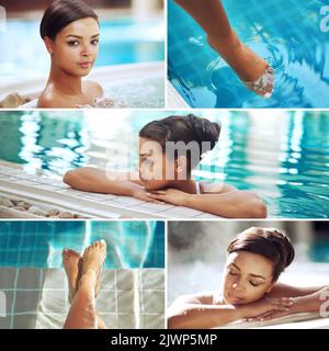 Entspannen im Pool. Zusammengesetztes Bild einer jungen Frau im Spa. Stockfoto