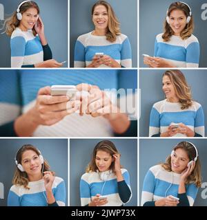 Shes alles über die Musik. Zusammengesetztes Bild einer jungen Frau, die im Studio posiert. Stockfoto