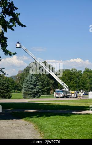 Feuerwehrmänner führen im Park Übungsübungen durch Stockfoto