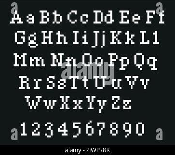 Buchstaben und Satzzeichen im Pixelalphabet. Moderne stilvolle Schriftart oder Schriftart für die Überschrift im Stil der 80er Jahre Retro-Videospiel, Vintage-Computer-Typografie Stock Vektor