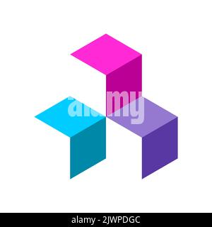 Bunte kubische Logo-Vorlage mit drei Elementen. 3D-Box-Vorlage. Isometrische Projektion. Quadratische Blockteile bilden ein Ganzes. Visueller Effekt. Vektor Stock Vektor