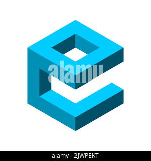 Vorlage mit blauem Würfel und E-Logo. Vorlage für das kreative isometrische E-Logo. 3D Box-Form. Branchenkonzept Elektronik. Geometrisches Hexagon-Objekt. Stock Vektor