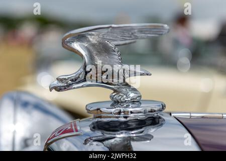 West Bay.Dorset.Vereinigtes Königreich.Juni 12. 2022.Nahaufnahme des Alvis-Logos und -Emblems auf der Vorderseite eines Oldtimers Stockfoto