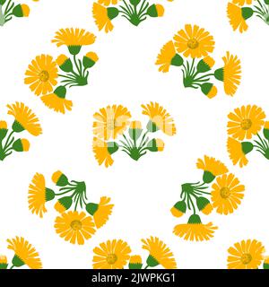 Botanische Pflanze Blumen Delelionen nahtlose Muster Vektor Illustration. Gänseblümchen-Zweig mit gelber Blume auf weißem Hintergrund. Grafikdesign für Greet Stock Vektor