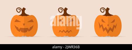 Halloween Halloween Grusel Kürbisse Set. Lustige Gesichter. Herbstferien. Isolierte Vektordarstellung Stock Vektor