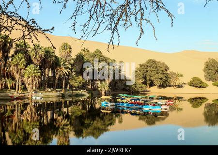 Huacachina - eine Oase mitten in der peruanischen Wüste, Blick auf Palmen und eine Lagune mit Booten und Sanddünen im Hintergrund. Stockfoto