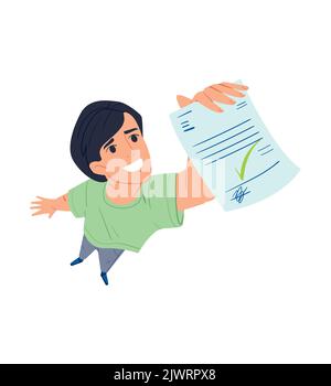 Mann hält Papier mit grünen Tick Konzept Illustration Karikatur Unterzeichnung eines Vertrags und Einstellung usw. Stock Vektor