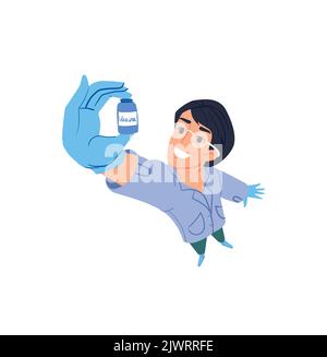 Wissenschaftler in einem weißen Mantel im Cartoon-Stil hält Joyful eine Flasche Impfstoff in seinen Händen Stock Vektor