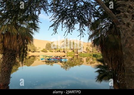 Huacachina - eine Oase mitten in der peruanischen Wüste, Blick auf Palmen und eine Lagune mit Booten und Sanddünen im Hintergrund. Stockfoto