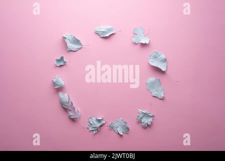 Kreis der Herbstblätter in Farbe auf einem rosa Hintergrund minimal Konzept. Stockfoto