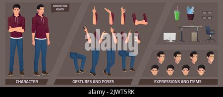 Stilisierte Figuren für Animation mit kaukasischem Mann trägt Hoodie und einige Körperteile und Möbel Stock Vektor