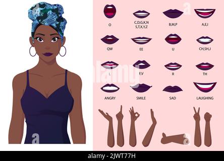 Black Girl Charakter Mund Animation, Lip Sync, Cartoon Afro American Girl Trägt Kopf Wrap Illustration Stock Vektor