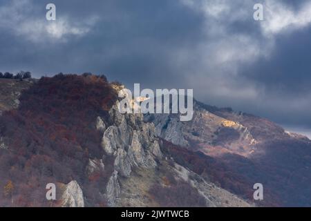 Farbenfrohe Berglandschaft im Herbst. Ungewöhnliche malerische Hänge mit braunen Bäumen. Grauer, wolkiger Tag. Reisen Sie im Spätherbst. Schönes Bild für Tapete. B Stockfoto