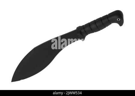 Ein großes Machete-Messer mit einer schwarzen gebogenen Klinge. Moderne kantige Waffen. Isolieren auf weißem Hintergrund. Stockfoto