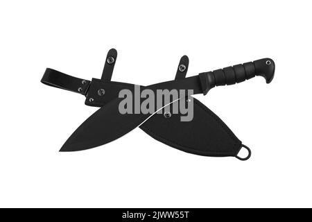 Ein großes Machete-Messer mit einer schwarzen gebogenen Klinge. Moderne kantige Waffen. Isolieren auf weißem Hintergrund. Stockfoto