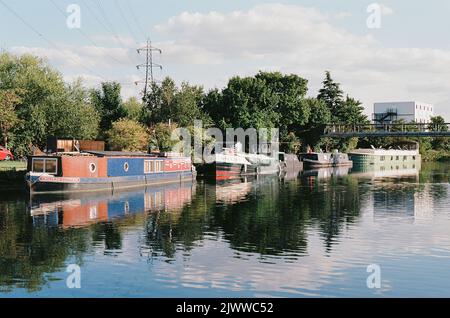 Im Spätsommer auf dem River Lea in Tottenham Marshes, North London, Großbritannien Stockfoto