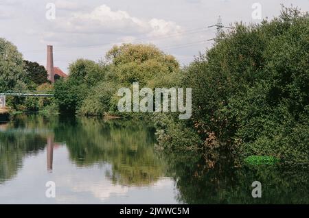 Die Lea Navigation in den Walthamstow Wetlands im Sommer, mit dem Maschinenhaus Gebäude im Hintergrund Stockfoto