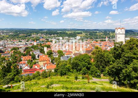 Ansicht der Ravensburger Stadt von oben mit Mehlsack Turm und Altstadt in Deutschland Stockfoto