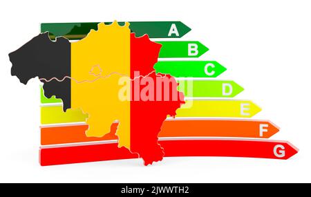 Belgische Karte mit Energieeffizienzklasse 3D, isoliert auf weißem Hintergrund Stockfoto