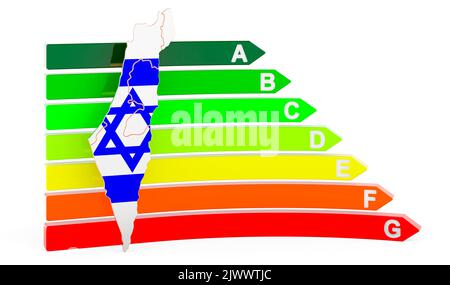 Israelische Karte mit Energieeffizienzklasse 3D, isoliert auf weißem Hintergrund Stockfoto