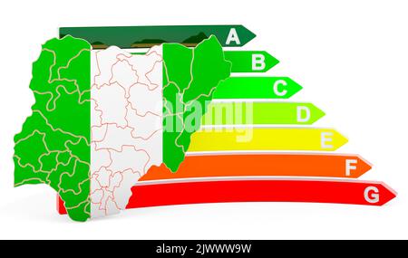 Nigrische Karte mit Energieeffizienzklasse 3D, isoliert auf weißem Hintergrund Stockfoto