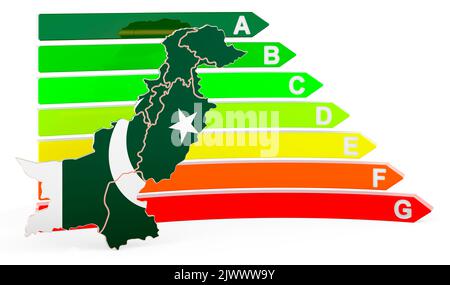 Pakistanische Karte mit Energieeffizienzklasse 3D, isoliert auf weißem Hintergrund Stockfoto
