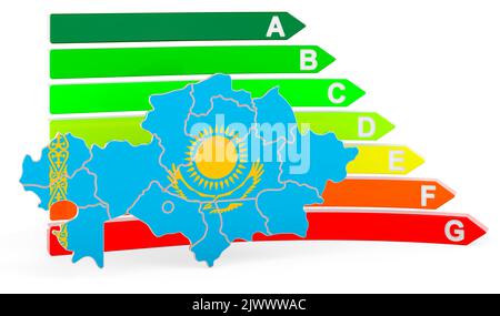Kasachische Karte mit Energieeffizienzklasse, 3D Rendering isoliert auf weißem Hintergrund Stockfoto