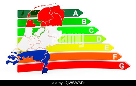 Die Niederlande-Karte mit Energieeffizienzklasse 3D, isoliert auf weißem Hintergrund Stockfoto