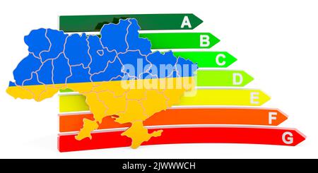 Ukrainische Karte mit Energieeffizienzklasse 3D, isoliert auf weißem Hintergrund Stockfoto