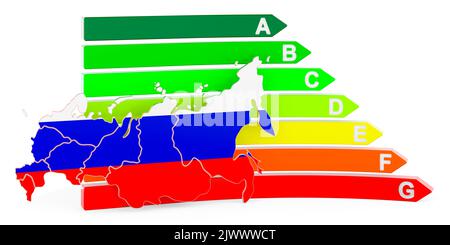 Russische Karte mit Energieeffizienzklasse 3D, isoliert auf weißem Hintergrund Stockfoto