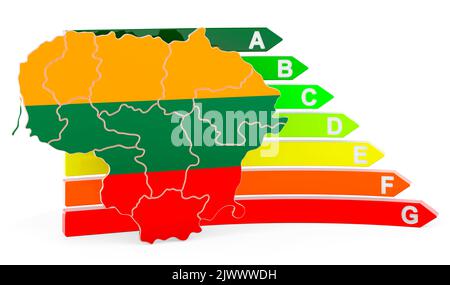 Litauische Karte mit Energieeffizienzklasse 3D, isoliert auf weißem Hintergrund Stockfoto