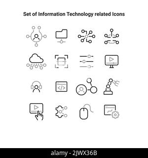 Sammlung von Symbolen für die Informationstechnologie-Linie. UI-Symbol in flachem Design. Symbole mit dünner Kontur. Stock Vektor