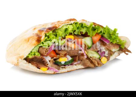 Döner Kebab Döner Kebap Fast Food in Fladenbrot isoliert auf einem weißen Hintergrund Snack Stockfoto
