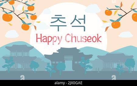 Fröhliches chuseok-Festplakat. Banner des traditionellen koreanischen Erntefestes Hangawi Mitte Herbst. Landlandschaft mit Kaki-Baum und Hanok-Haus. Ve Stock Vektor