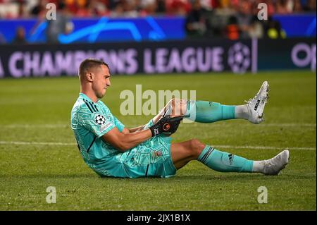 Lissabon, Portugal. 06. September 2022. Odisseas Vlachodimos aus Benfica im Einsatz während des UEFA Champions League-Fußballspiels der Gruppe H zwischen SL Benfica und dem FC Maccabi Haifa im Estadio da Luz. Endergebnis: SL Benfica 2:0 Maccabi Haifa. Kredit: SOPA Images Limited/Alamy Live Nachrichten Stockfoto