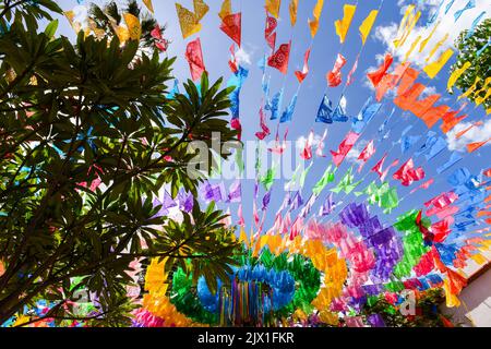 Papel picado ist im historischen Zentrum von Oaxaca de Juarez, Bundesstaat Oaxaca, Mexiko, eingerichtet Stockfoto